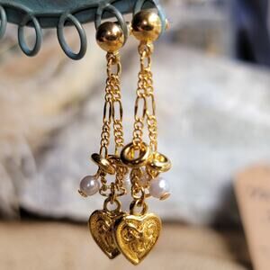 Vintage 1980s Gold Tone Dangle Earrings Heart Pearl Drop New Old Stock 2 Inch